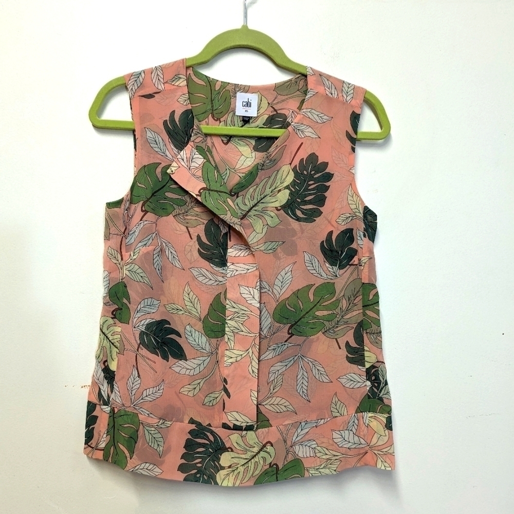 CABI Tropical Too Pink Monstera Leaf Blouse Sleeveless Pop over Chiffon Top XS